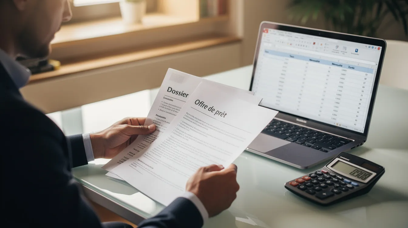 Une personne est assise à une table, comparant des documents hypothécaires avec une calculatrice et un ordinateur portable devant elle. Elle semble concentrée sur sa recherche du meilleur taux hypothécaire, examinant attentivement les taux d'intérêt et les options de prêt pour l'achat d'une maison.