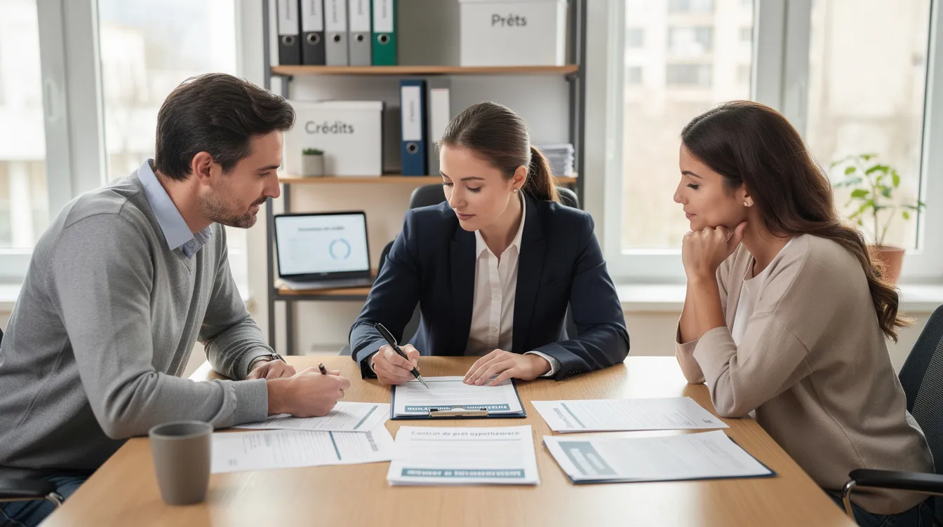 Un courtier hypothécaire examine des documents avec un couple, discutant des options de prêt hypothécaire et des taux d'intérêt. Ils analysent les besoins des clients pour trouver le meilleur taux hypothécaire adapté à leur projet d'achat de maison.