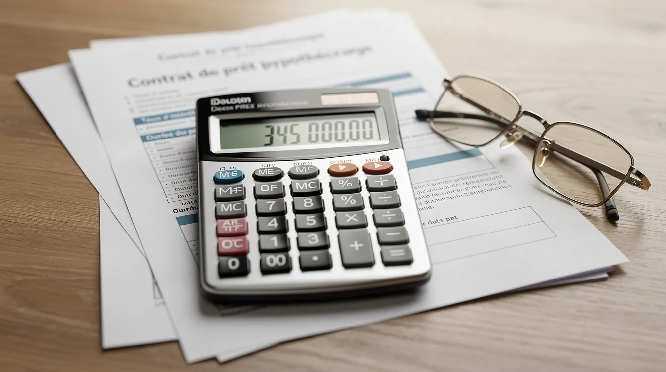 Une calculatrice financière est posée sur des documents hypothécaires, accompagnée de lunettes. Cette image évoque le processus de gestion des prêts hypothécaires, incluant des éléments tels que les taux d'intérêt fixe et variable, essentiels pour les ménages qui envisagent un financement.