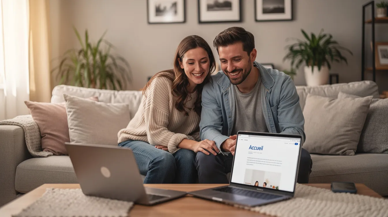 Un couple souriant est assis dans leur salon, regardant ensemble un ordinateur portable, probablement en train de consulter des informations sur les taux d'intérêt des prêts hypothécaires, comme le taux fixe ou le taux variable. L'ambiance chaleureuse de leur maison reflète un moment de complicité et de partage autour de leurs projets financiers.