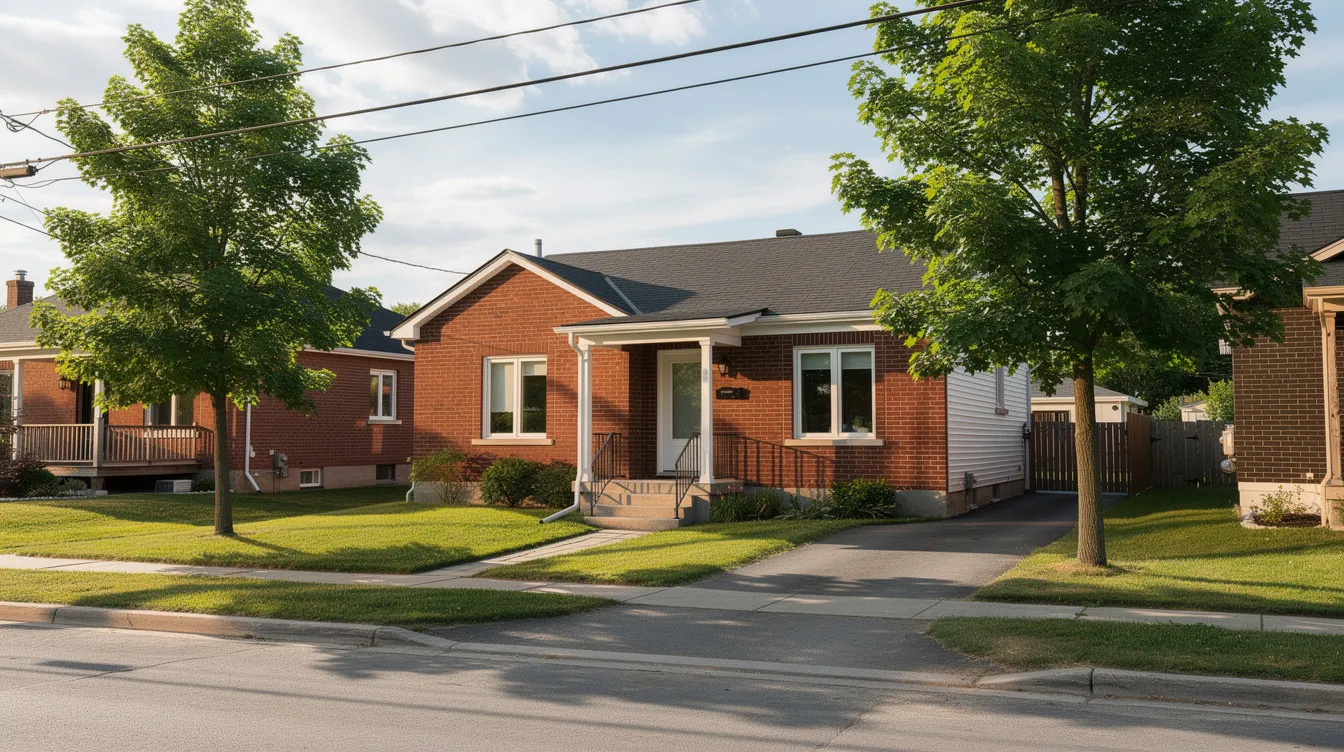 Une maison résidentielle avec une façade en briques est située dans un quartier typique du Québec, sous un ciel d'été ensoleillé. Ce cadre évoque l'idée d'un foyer chaleureux, idéal pour des emprunteurs cherchant à explorer des options de prêt hypothécaire, qu'il s'agisse d'hypothèques à taux fixe ou variable.