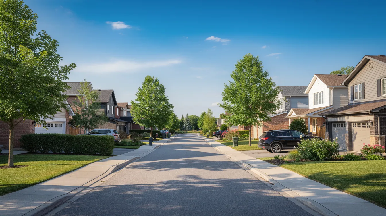Une image réaliste montre des maisons résidentielles typiques d'un quartier canadien, entourées de verdure luxuriante sous un ciel bleu. Ce paysage évoque la tranquillité de la vie de quartier, tout en rappelant l'importance des taux hypothécaires et des prêts dans le contexte de l'achat d'une maison.