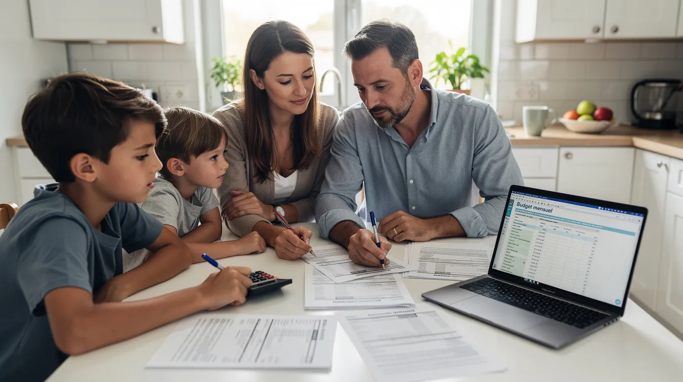 Une famille est assise autour d'une table de cuisine, examinant attentivement des documents financiers, probablement en lien avec les prévisions des taux hypothécaires pour 2027 et 2028 au Québec. L'atmosphère est concentrée, reflétant l'importance des décisions financières à prendre concernant les taux d'intérêt et les prêts hypothécaires.