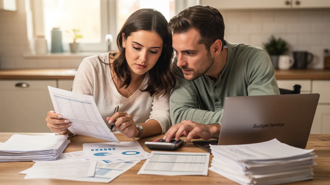 Un couple est assis à une table de cuisine, en train d'examiner des documents financiers, avec une calculatrice à portée de main. Ils semblent discuter des options de prêt hypothécaire, en considérant des taux d'intérêt et des mises de fonds pour leur projet d'achat de maison.