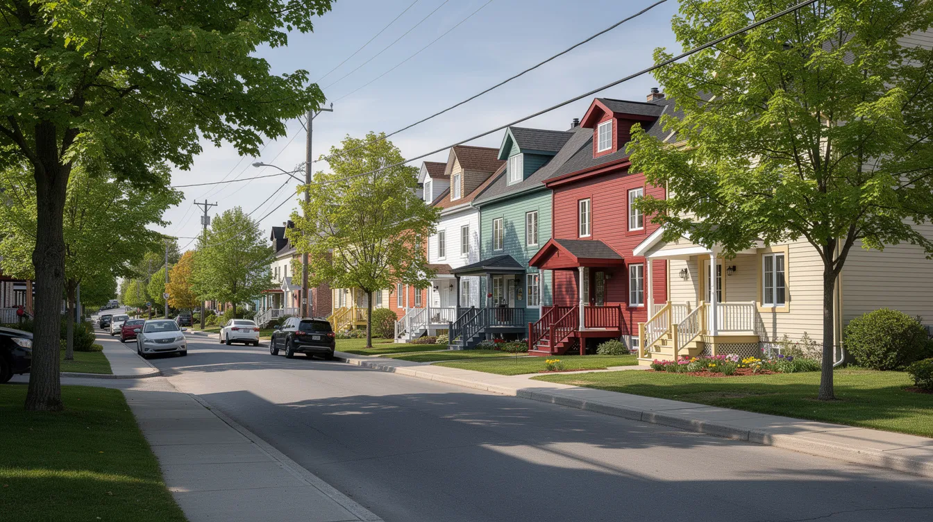 L'image montre un quartier résidentiel typique du Québec, avec des maisons en rangée entourées d'arbres matures. Ce cadre agréable illustre l'accession à la propriété, un aspect important pour l'achat d'une première maison.