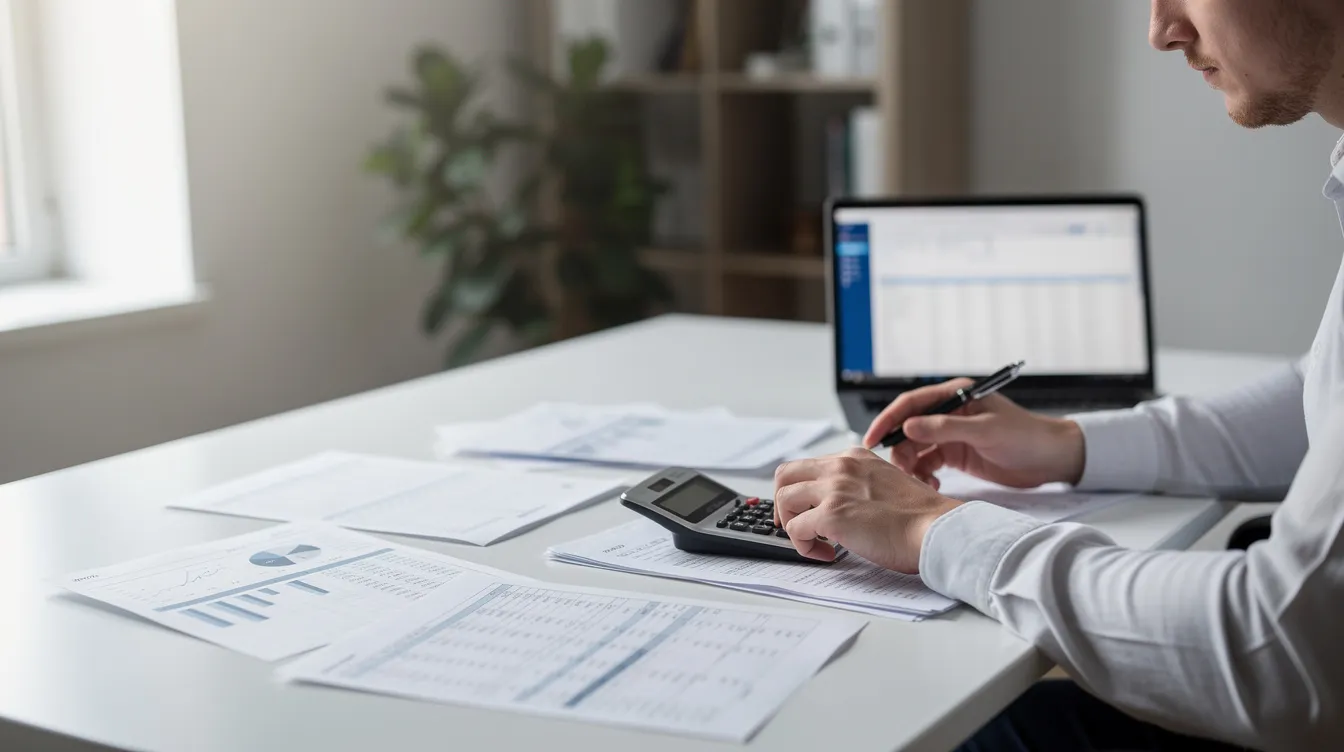 Une personne est assise à un bureau, concentrée sur la révision de documents financiers tout en utilisant une calculatrice. Cette scène évoque des thèmes liés à l'achat d'une première propriété et à la gestion de la mise de fonds minimale au Québec.